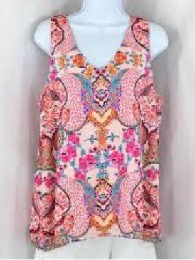 Pink Floral Pattern V-Neck Sleeveless Tank Top